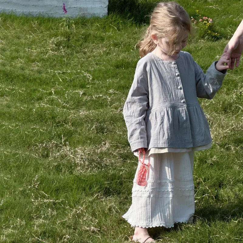 Grey baby long sleeve top with fake two-piece cardigan look and lace detail, cotton fabric, sizes 90cm to 130cm