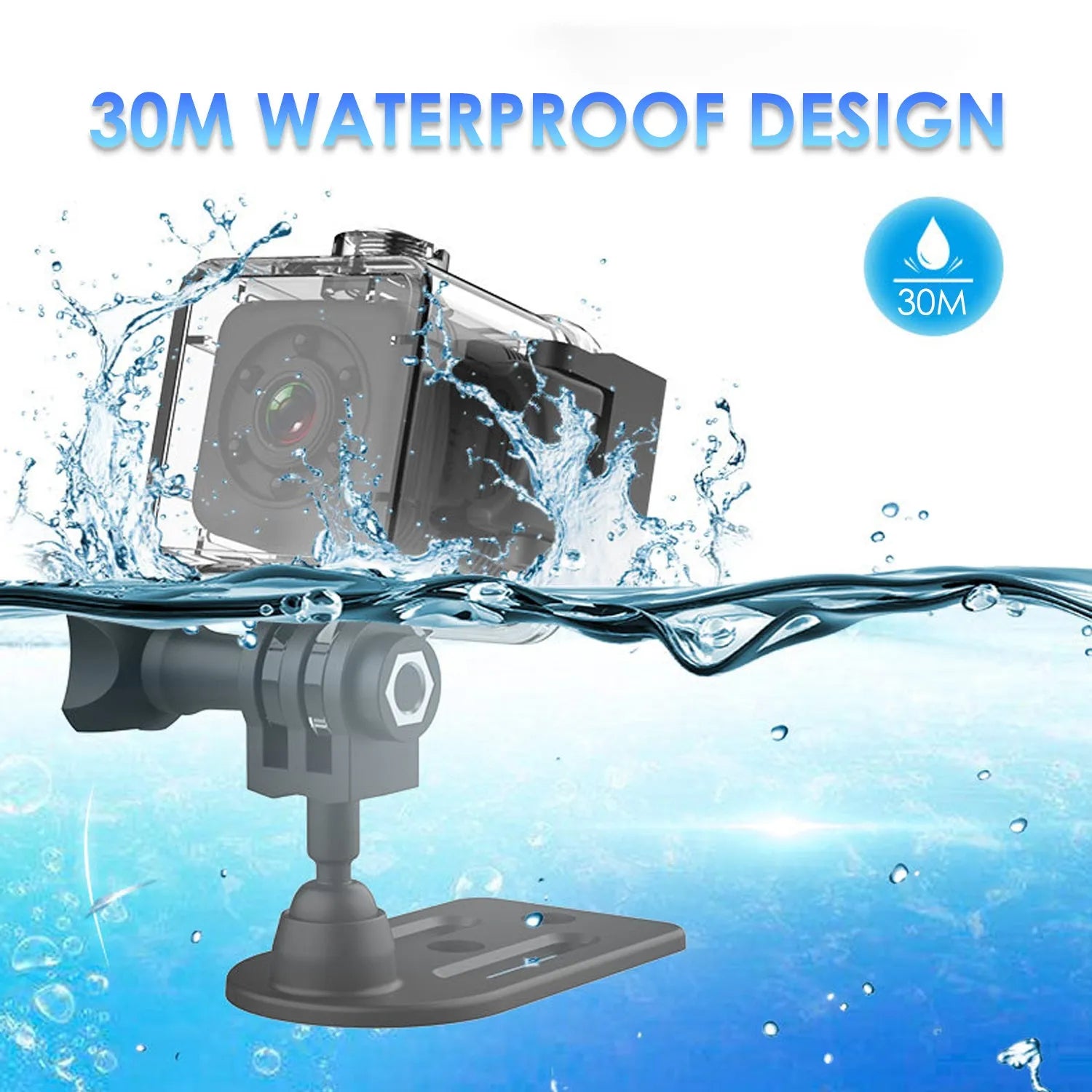 Black SQ29 waterproof sports camera shown with MicroUSB port and support for 32GB TF cards.