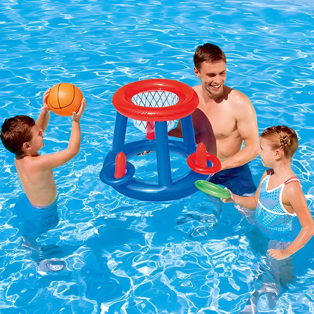 Inflatable 2 in 1 floating pool basketball hoop and ring toss game set for kids and adults, made from PVC