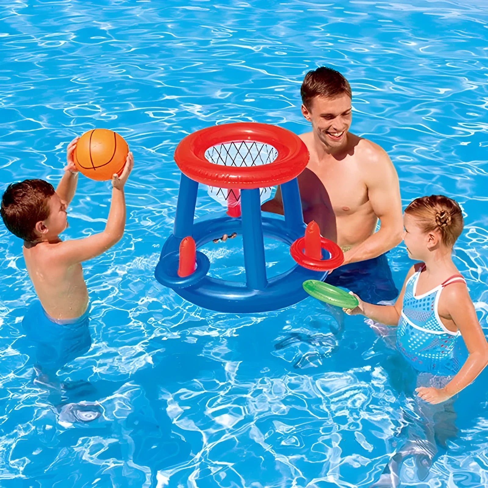 Inflatable 2 in 1 floating pool basketball hoop and ring toss game set for kids and adults, made from PVC