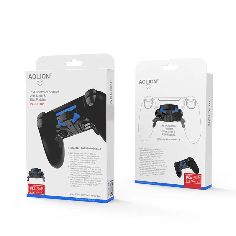 Black PS4 controller back button attachment with two rear paddles and a 3.5mm audio jack, connected by a long braided cable.