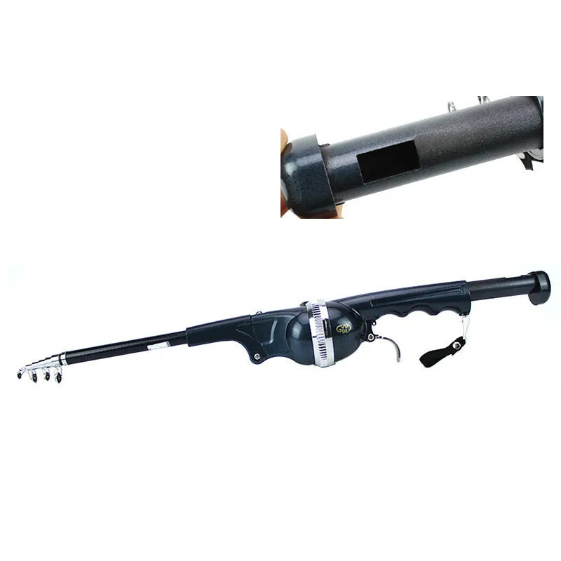 Foldable fishing rod in black with built-in reel and 3# line, shown folded to 26.5cm and extended to about 134cm.