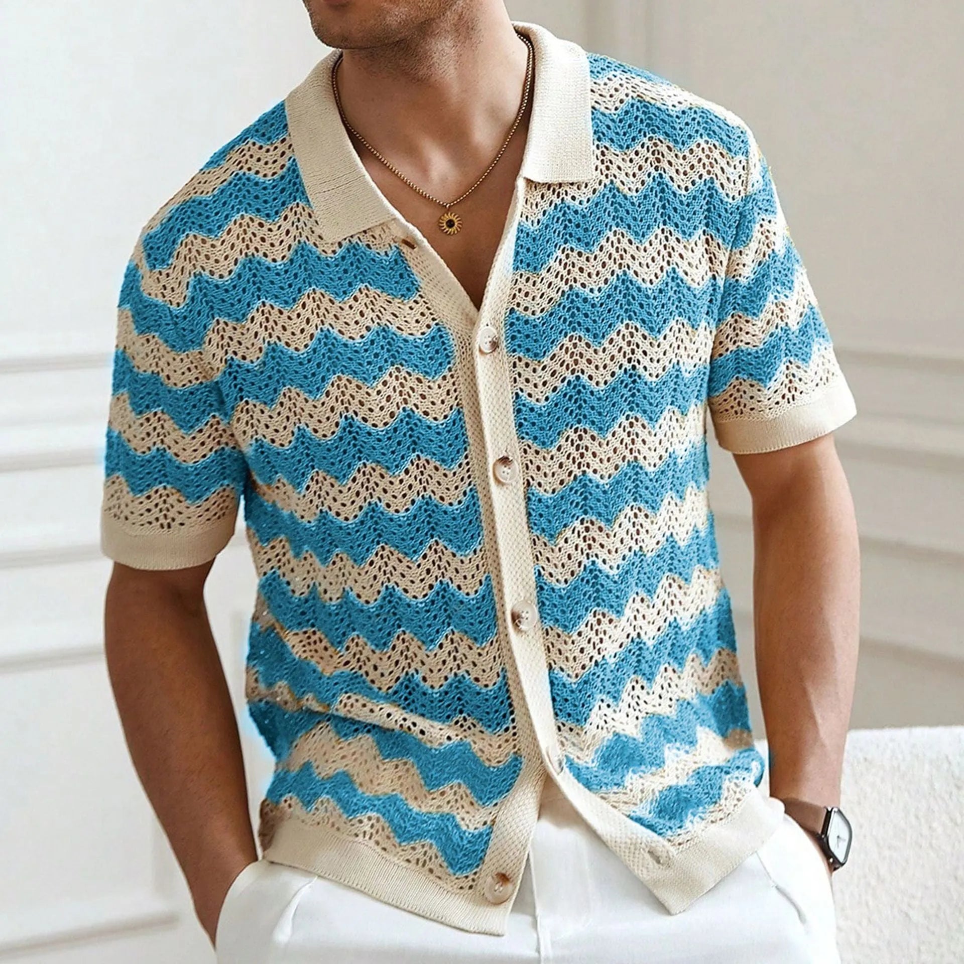 Yellow short-sleeve Tencel sweater with hollow jacquard corrugated texture on a hanger.
