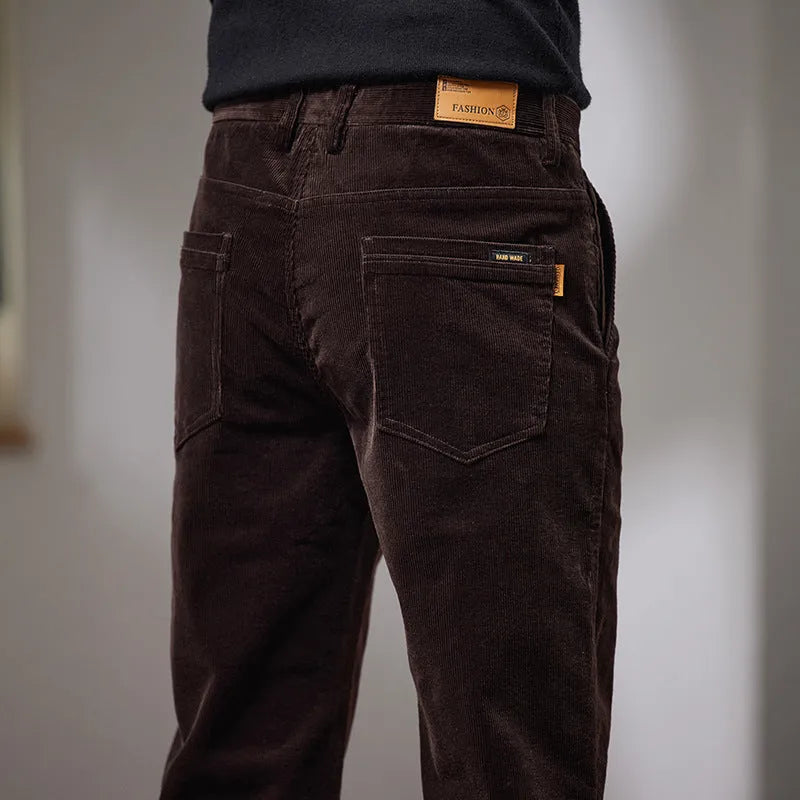 Slim fit straight corduroy trousers in cotton, mid waist, four colours, sizes 28-40