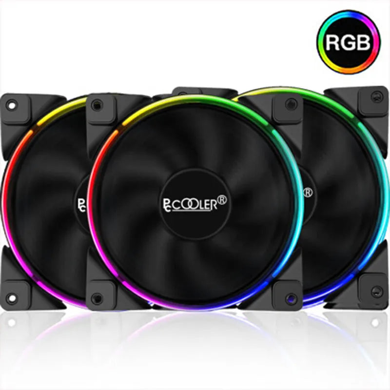 Three black 12 cm RGB PC case fans with illuminated blades