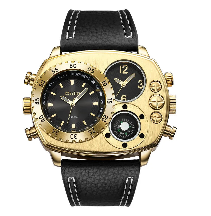 Men's quartz sports watch with leather strap, alloy case, 45mm dial, black or white option