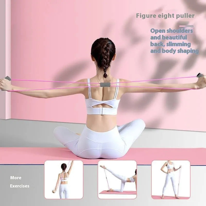 Yoga four piece fitness set showing leg beauty device, yoga ring, pedal chest expander, and figure eight tension rope.
