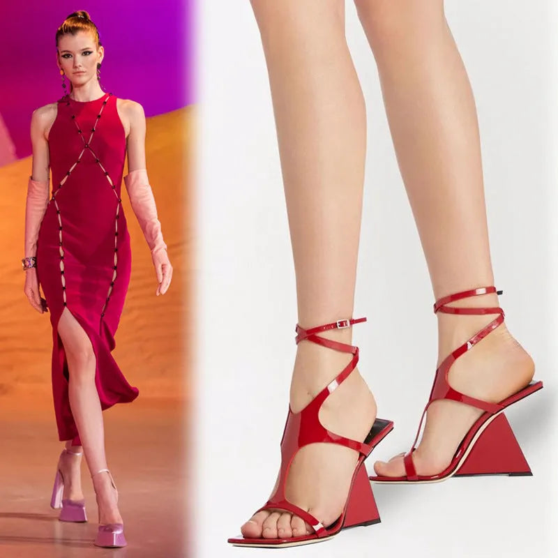 Women's black square-toe high heel sandals with a 9.5cm heel and ankle strap.