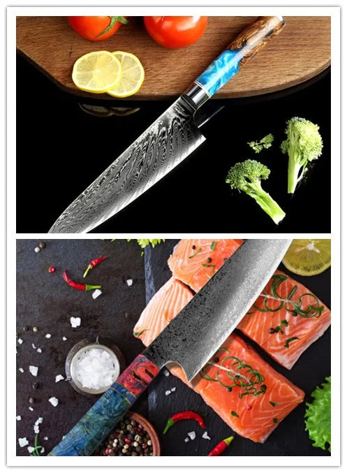 Eight-piece kitchen knife set in a black block with additional damascus steel and high carbon steel knives