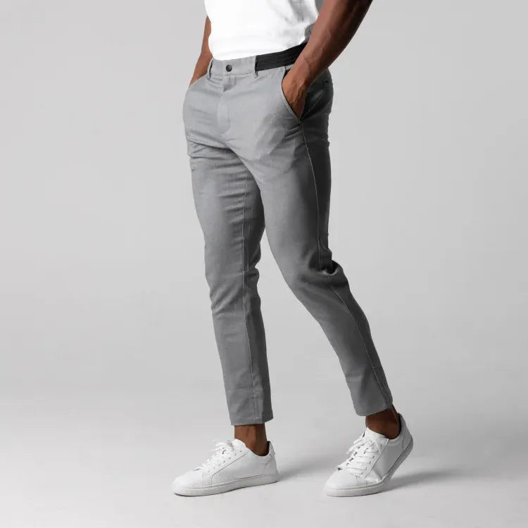 Men's casual pants in gray, pure cotton, straight-leg with high elasticity and zipper fly