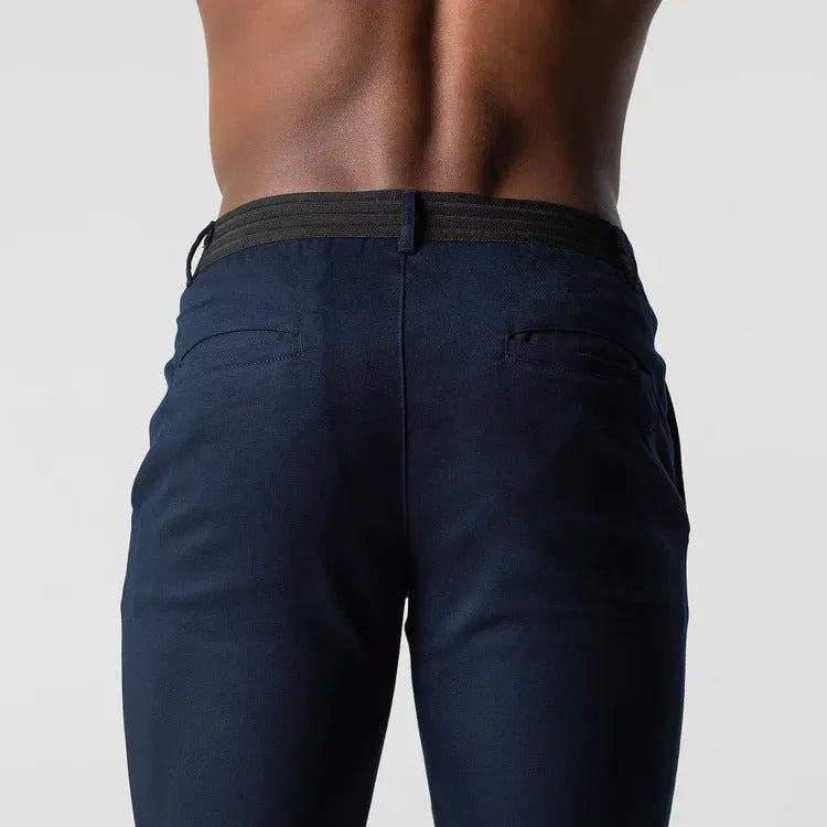 Men's casual pants in gray, pure cotton, straight-leg with high elasticity and zipper fly