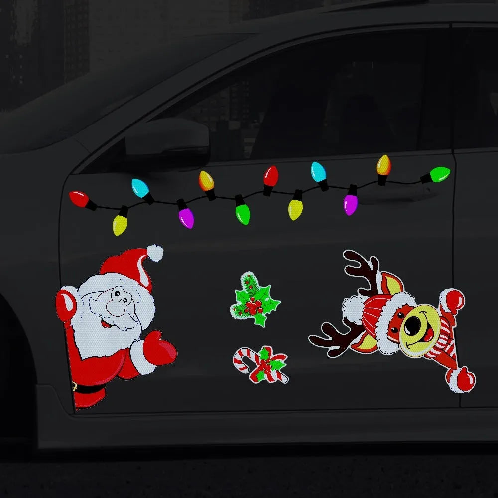 Cartoon-style Christmas elk reflective magnetic sticker on a metal surface