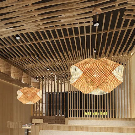 Bamboo woven ceiling lamp in New Chinese style, rattan pendant with adjustable 1.5m height, 220V, 40cm to 80cm sizes