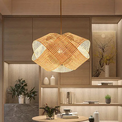 Bamboo woven ceiling lamp in New Chinese style, rattan pendant with adjustable 1.5m height, 220V, 40cm to 80cm sizes