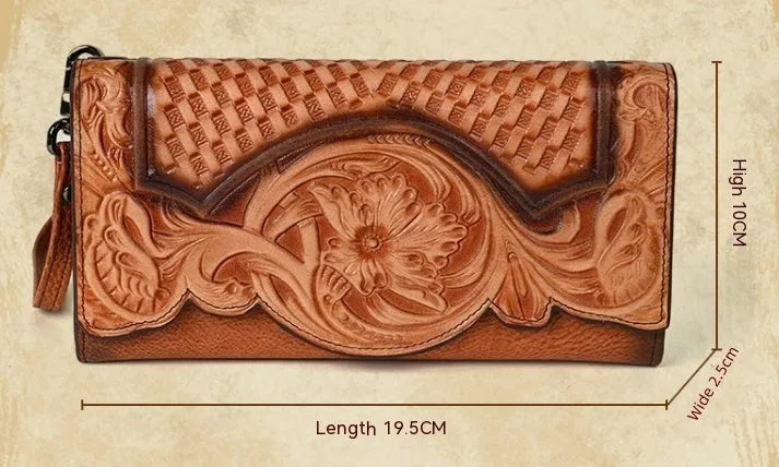 Retro brown women's tri-fold wallet with embossed floral pattern, showing interior card slots and coin compartment.