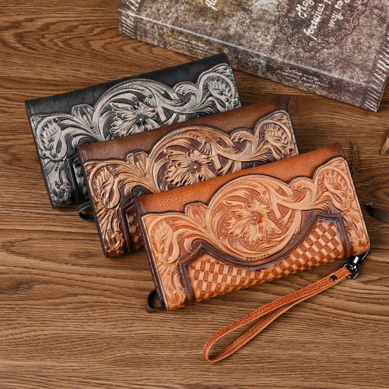 Retro brown women's tri-fold wallet with embossed floral pattern, showing interior card slots and coin compartment.