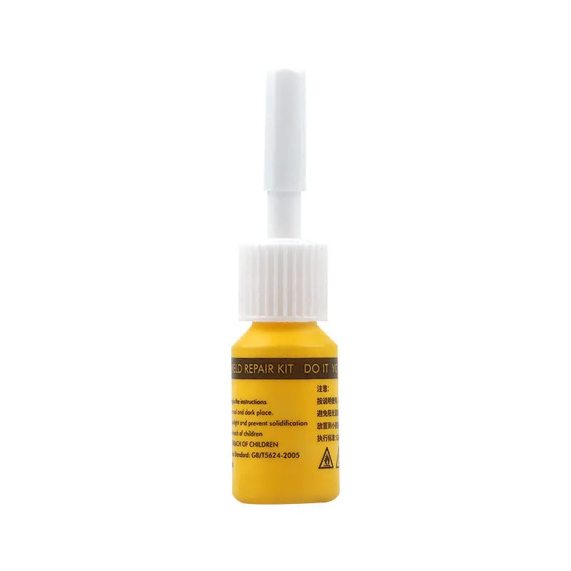 Yellow car glass repair agent tool set with three components for windshield crack repair