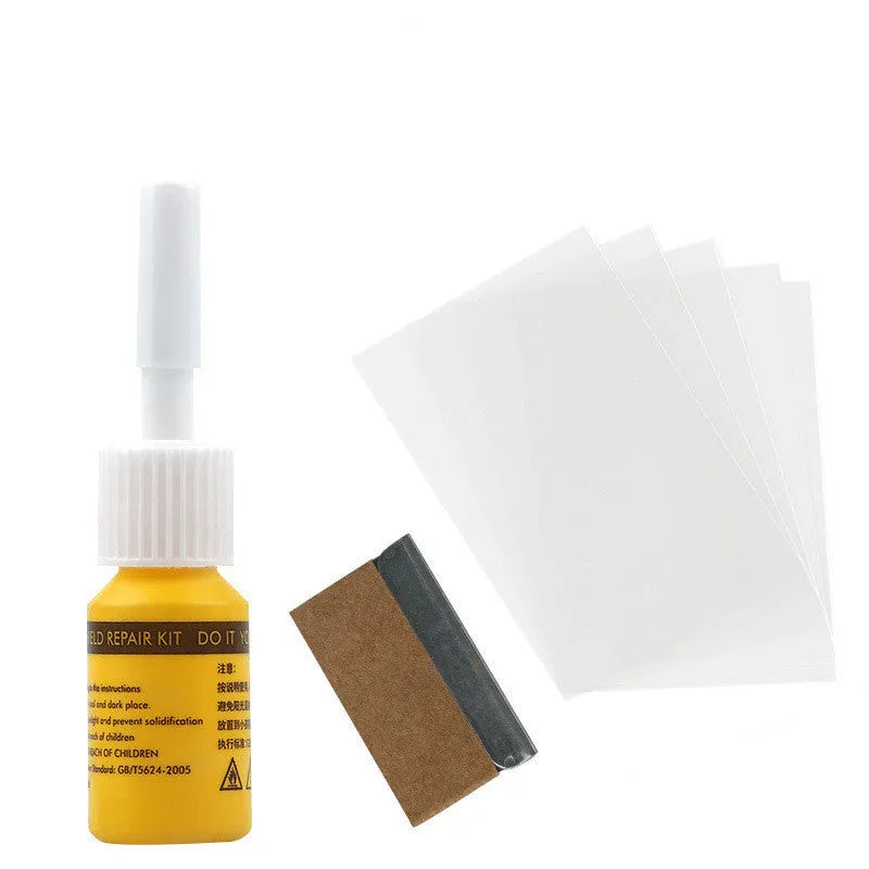 Yellow car glass repair agent tool set with three components for windshield crack repair