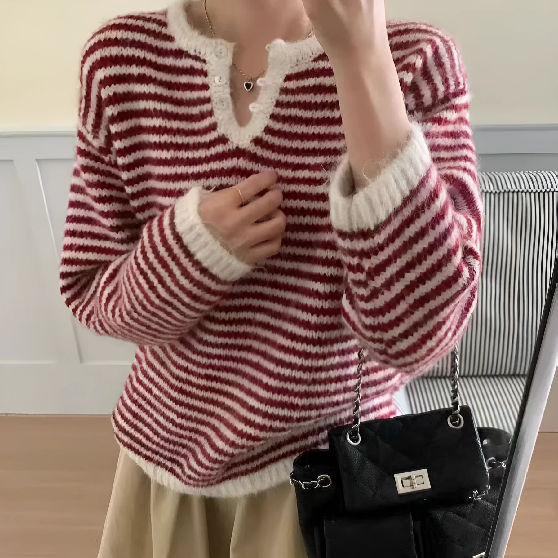 Women's red and blue striped cashmere sweater with plaid patterns and loose fit