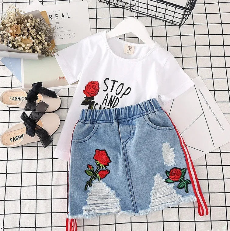 Girls 2 piece outfit with white t-shirt and denim skirt, black or red letters, sizes 100cm to 140cm
