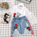 Girls 2 piece outfit with white t-shirt and denim skirt, black or red letters, sizes 100cm to 140cm