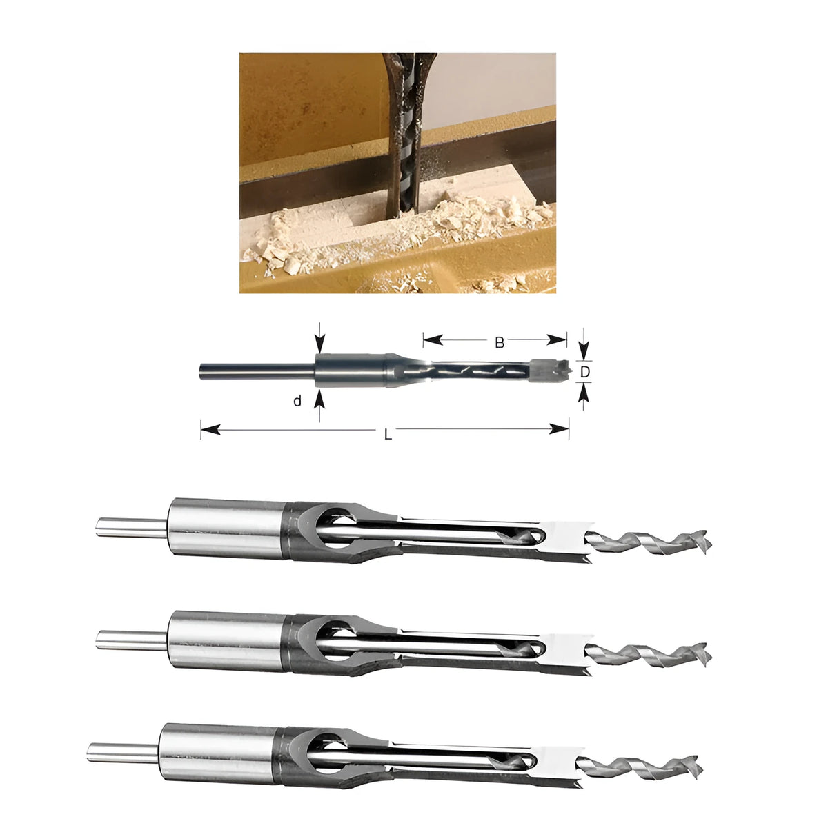 Square hole drill bit for woodworking, used with mortising machines and drill press attachments