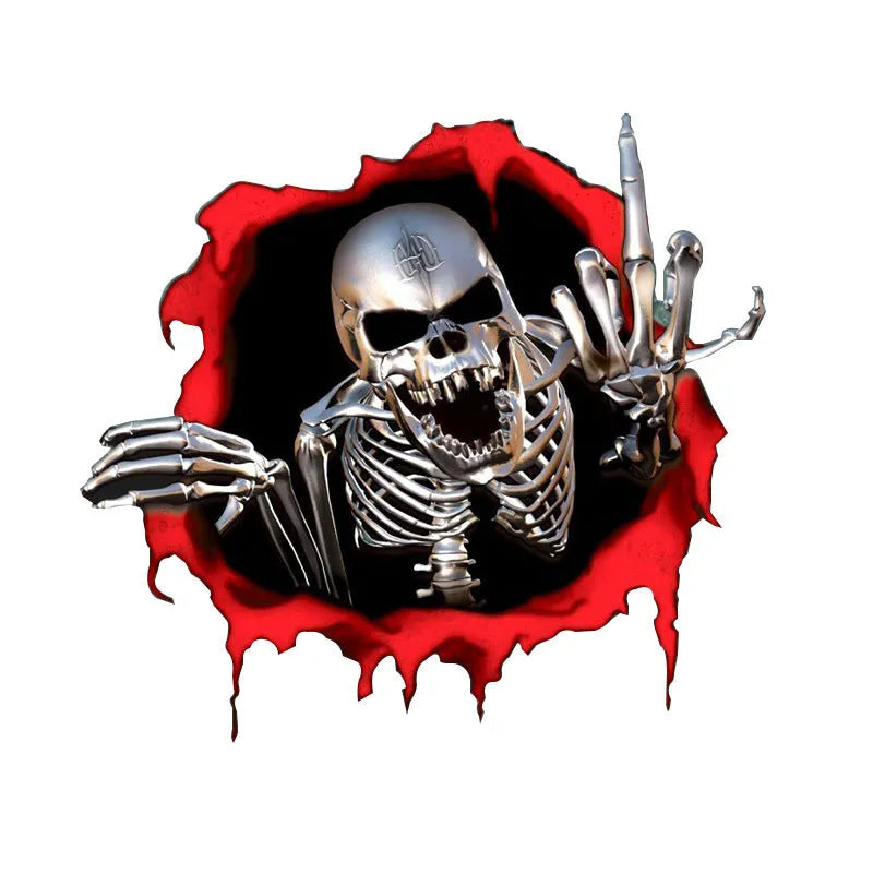 Reflective car bumper sticker with metal skull design and colourful broken shell pattern measuring 15x14cm