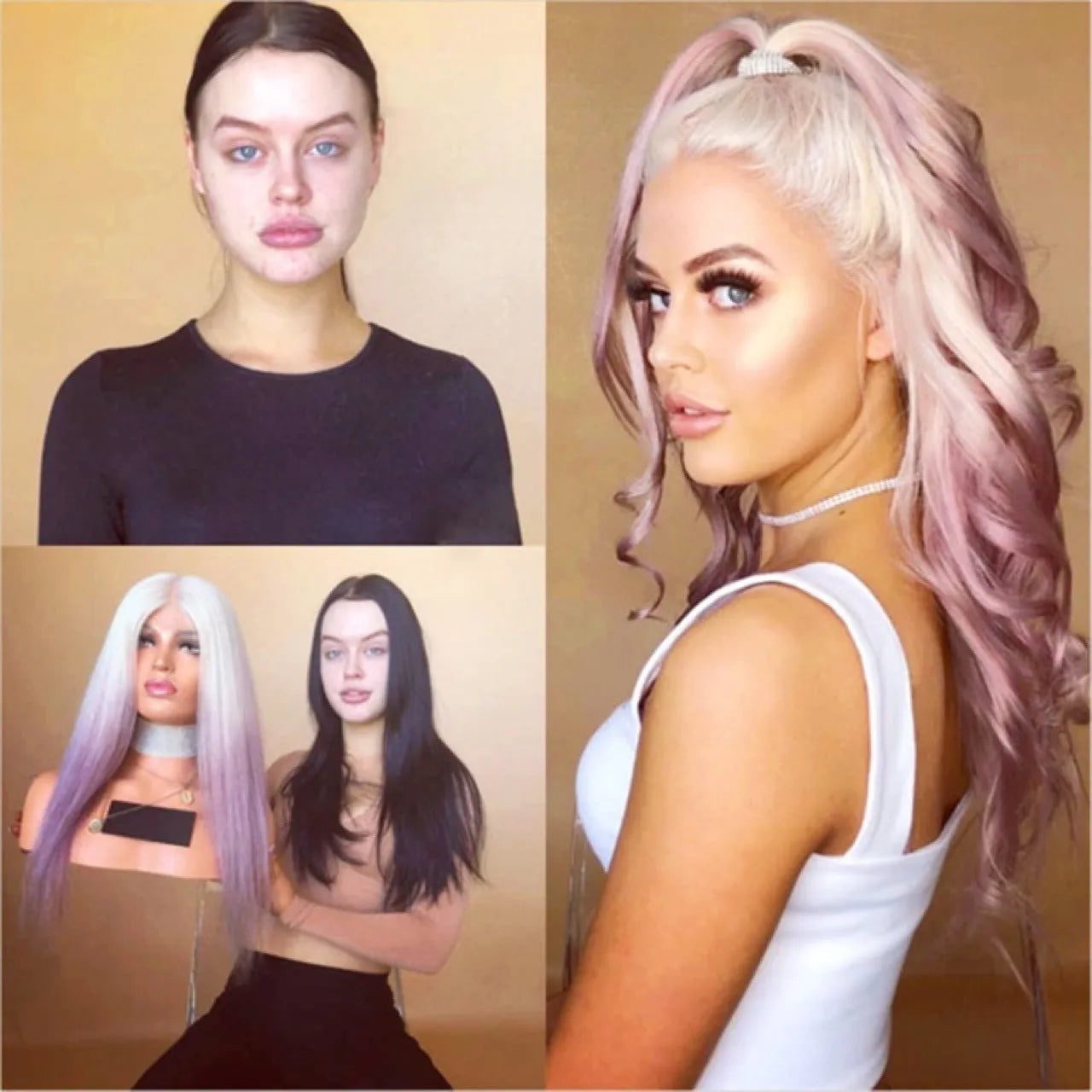 Gradient lilac long straight wig with mechanism processed high temperature wire hairline and no bangs