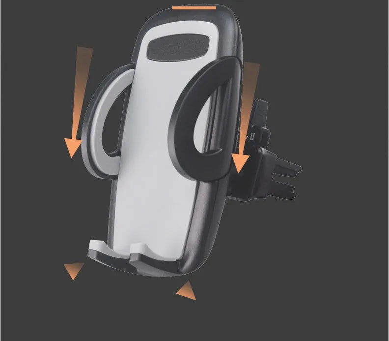 Black plastic car air conditioning outlet mobile phone holder mounted to car vent