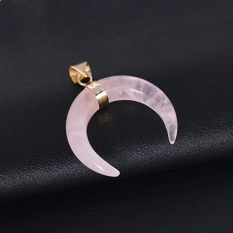 Natural stone moon pendant necklace with copper fittings on adjustable chain, pink and purple colour options