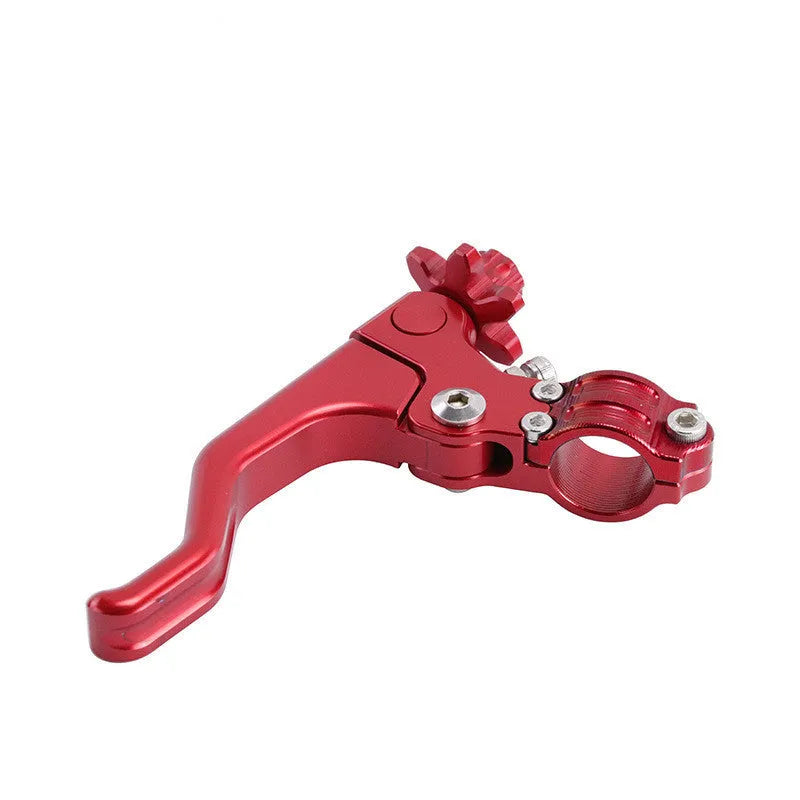 Aluminium alloy universal motorcycle clutch lever shown in multiple colour options including red, blue, black, and silver.