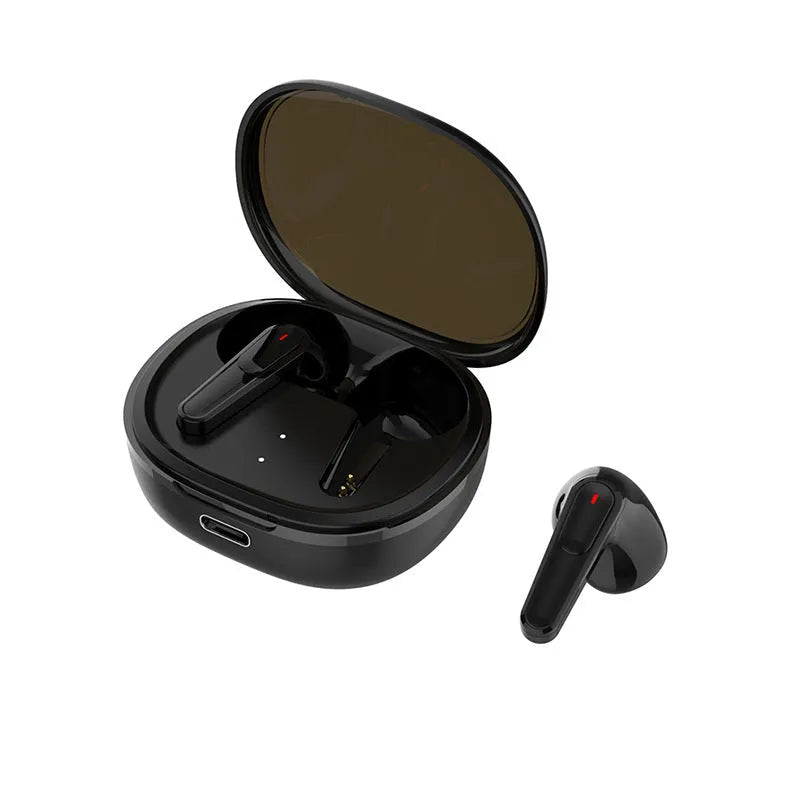 Matte black in-ear Bluetooth headset with active noise reduction on a grey background.
