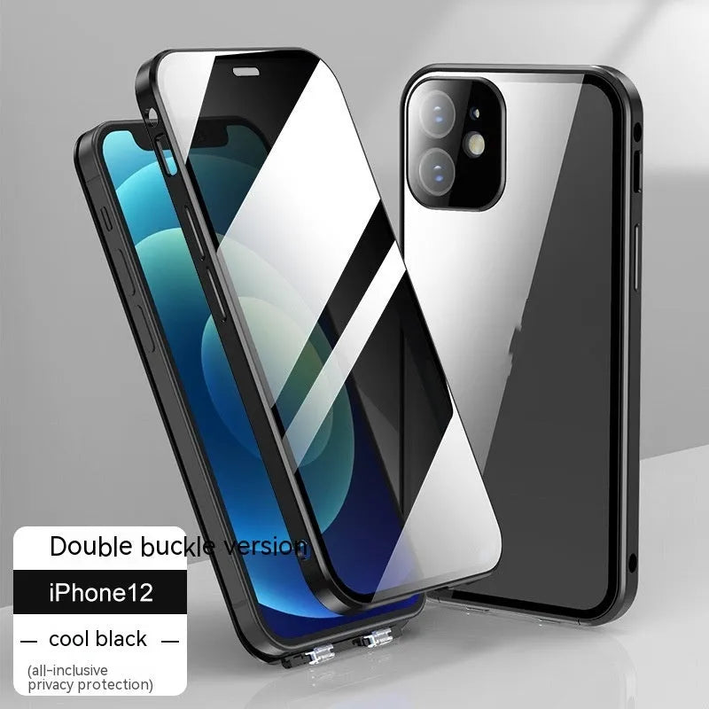 Glass privacy screen iPhone case with double-sided buckle, shown in black, blue, gold, green, and silver colour options.