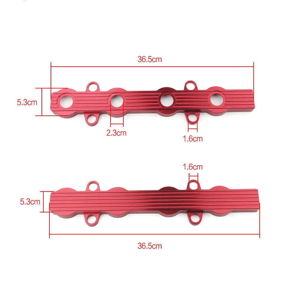Aluminium engine harness housing bracket in blue, red, and silver, showing variants with and without mounting holes.