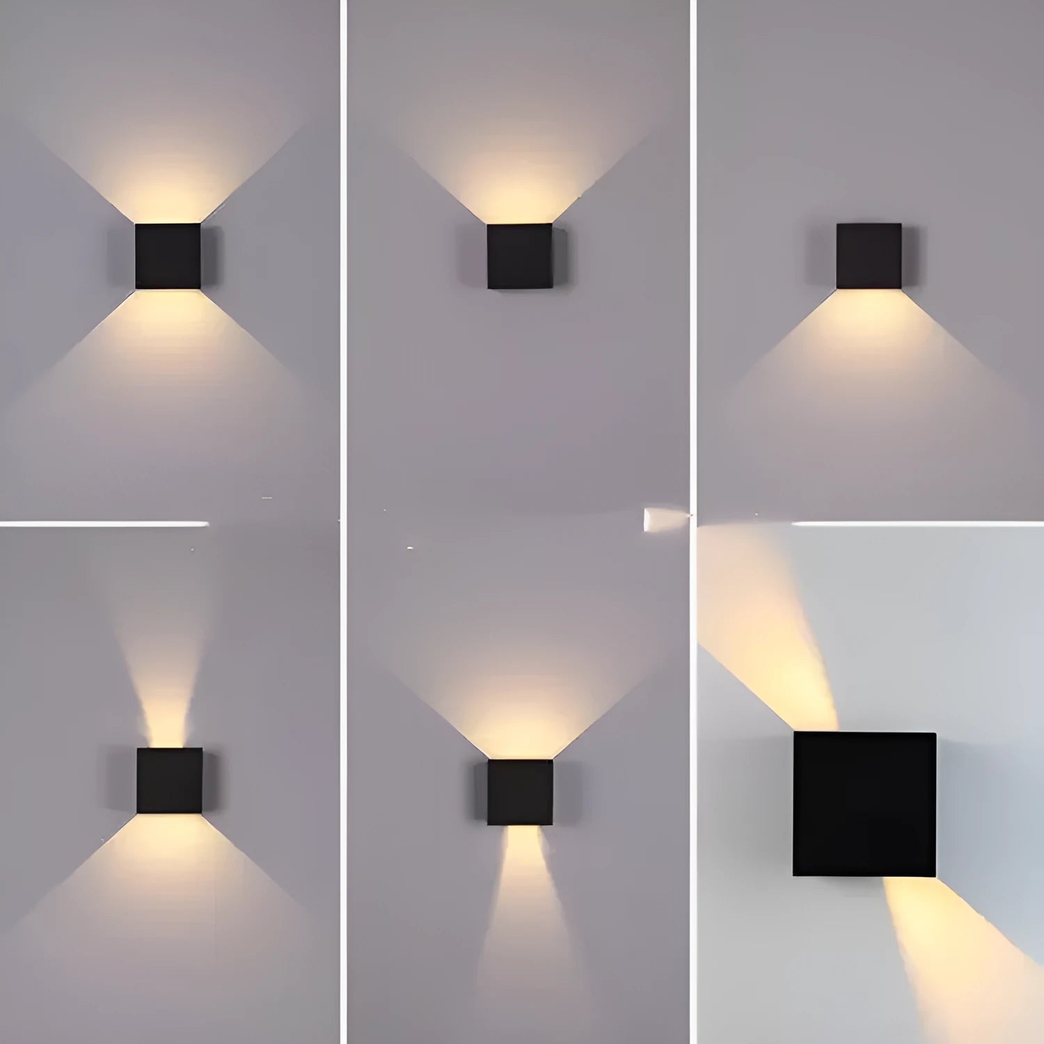 Square black aluminium alloy wall lamp mounted on a corridor wall