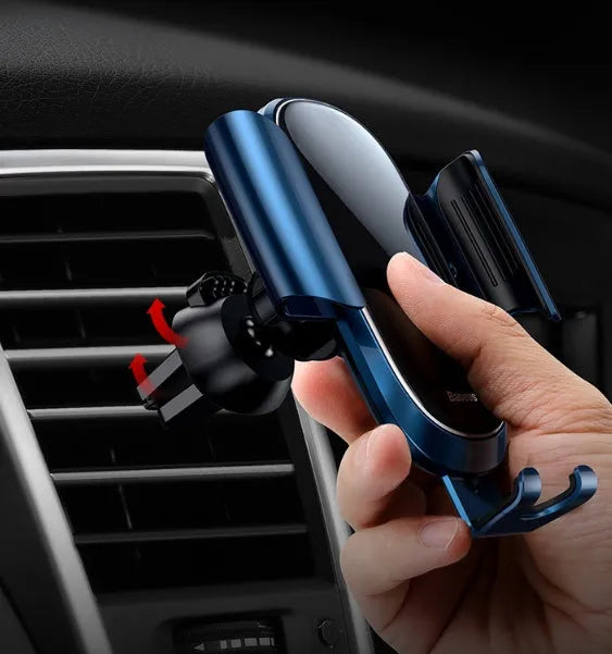 Universal car phone bracket in black mounted on a vehicle dashboard