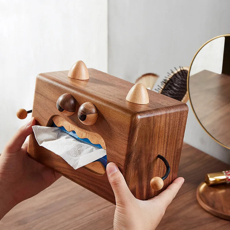 Little Monster cartoon wooden tissue box with solid wood construction measuring 190x104x125mm