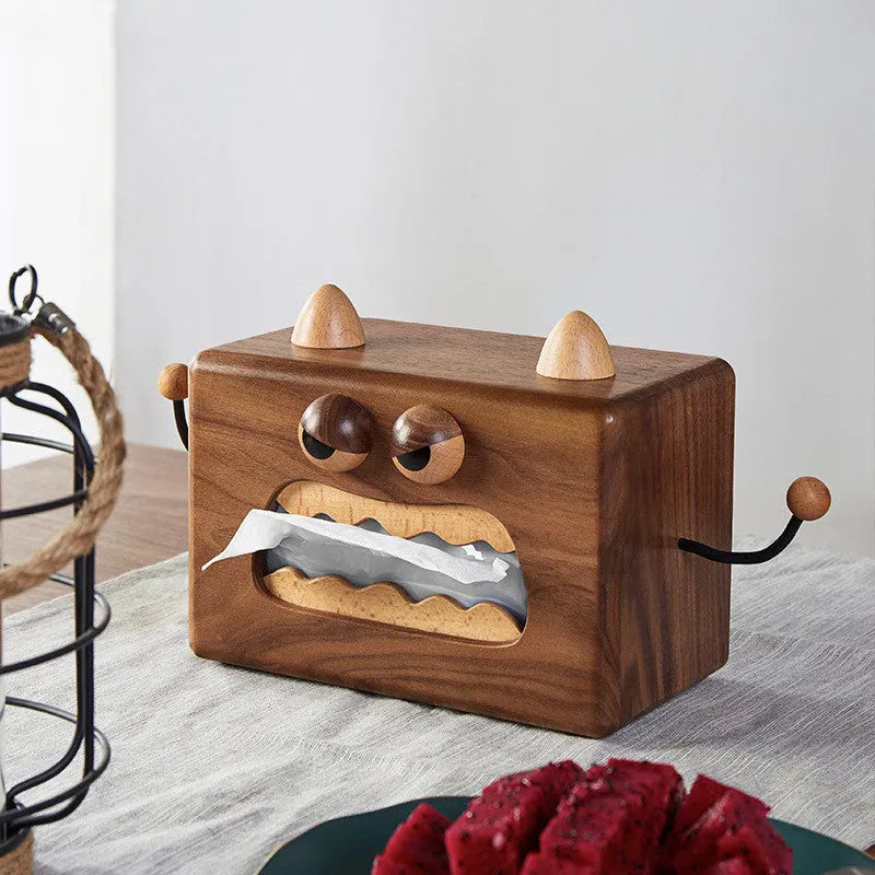 Little Monster cartoon wooden tissue box with solid wood construction measuring 190x104x125mm