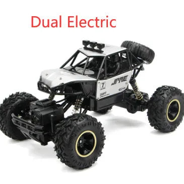 Black and silver 4WD remote control off-road climbing cars on rough terrain showing two size options.