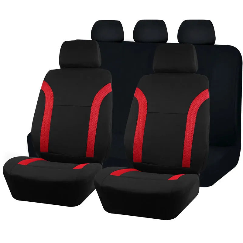 Polyester car seat cover with eyelet stitching in multiple colour options showing front and rear seat coverage