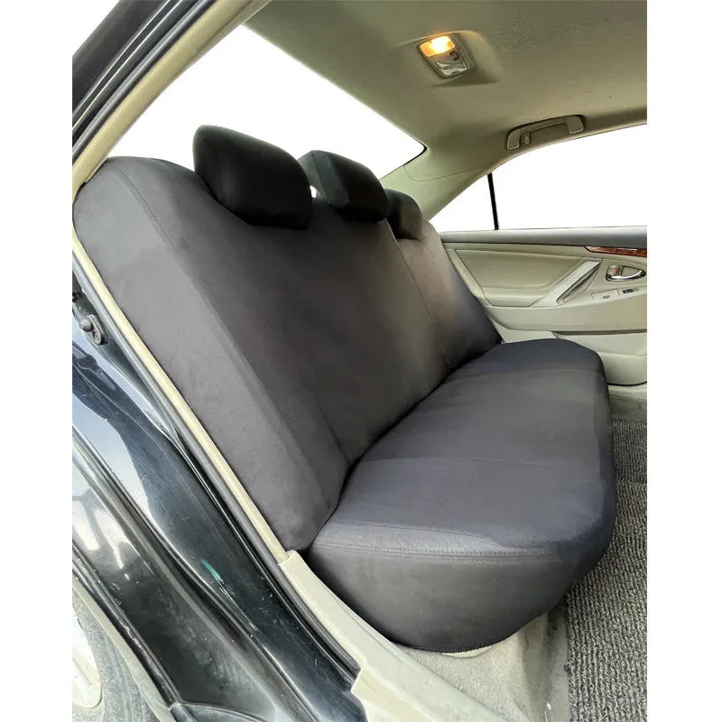 Polyester car seat cover with eyelet stitching in multiple colour options showing front and rear seat coverage