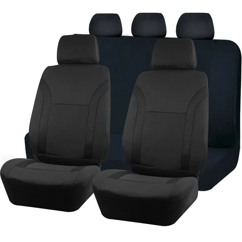 Polyester car seat cover with eyelet stitching in multiple colour options showing front and rear seat coverage
