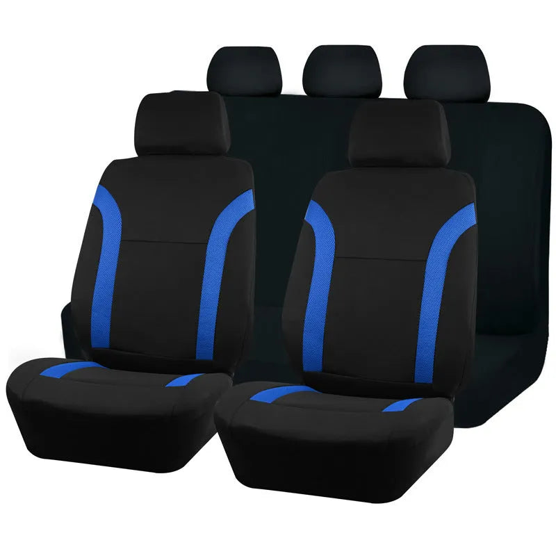 Polyester car seat cover with eyelet stitching in multiple colour options showing front and rear seat coverage
