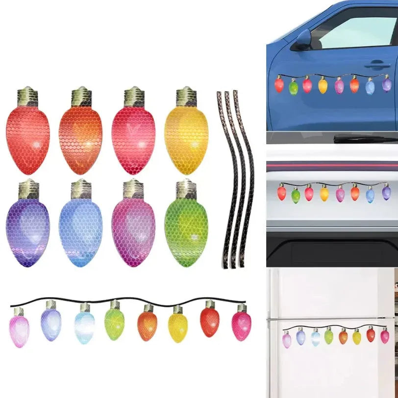 Christmas magnetic reflective bulb set with 24 bulb shapes and 12 wire elements on metal surface