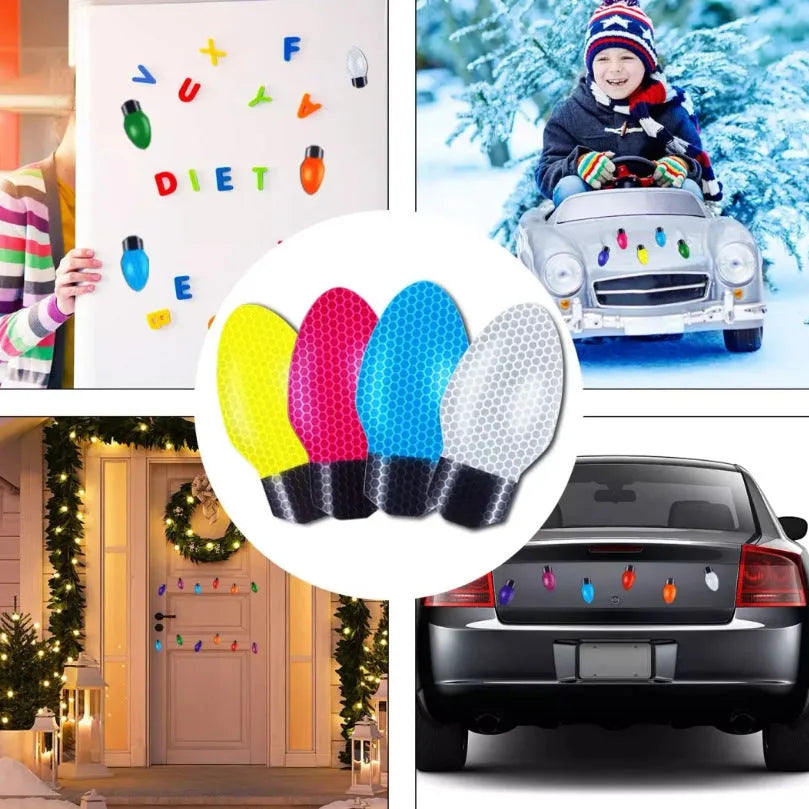 Christmas magnetic reflective bulb set with 24 bulb shapes and 12 wire elements on metal surface