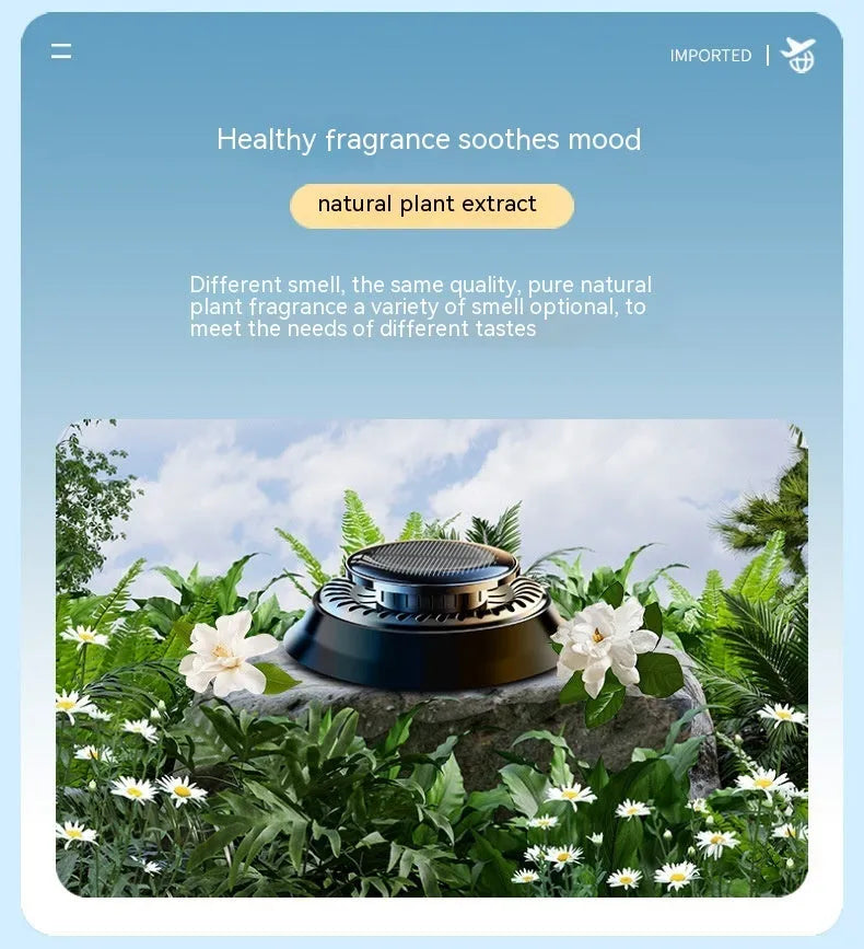 Solar-powered kinetic car air freshener with two rotating black rings on a plastic base.