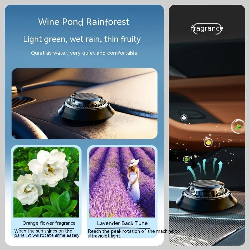 Solar-powered kinetic car air freshener with two rotating black rings on a plastic base.