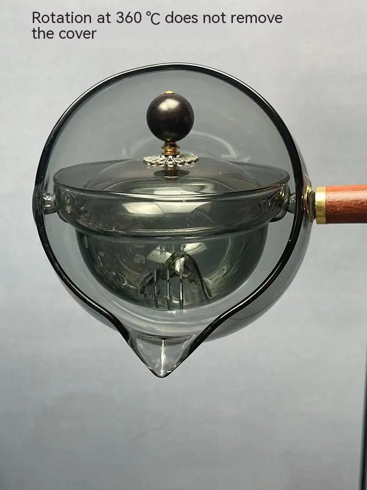 Semi-automatic rotary glass teapot with infuser and wooden handle, transparent borosilicate glass, modern simplicity style