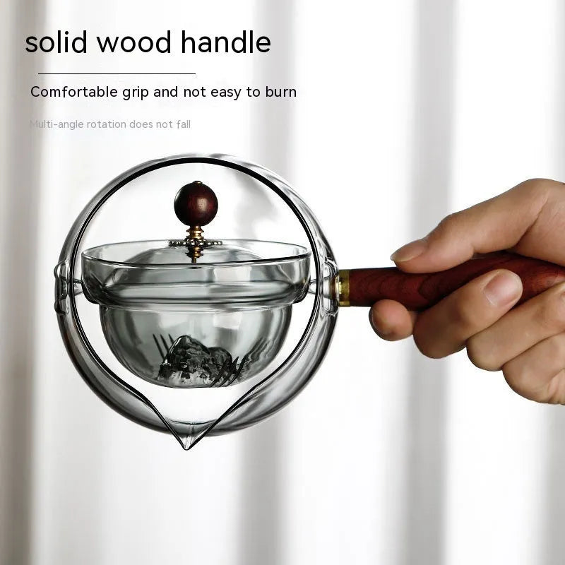 Semi-automatic rotary glass teapot with infuser and wooden handle, transparent borosilicate glass, modern simplicity style