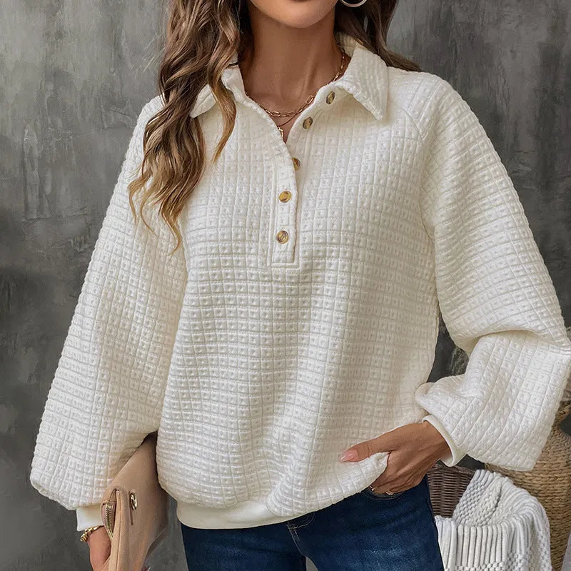 Milky white women's pullover sweater with a polo collar and textured knit fabric
